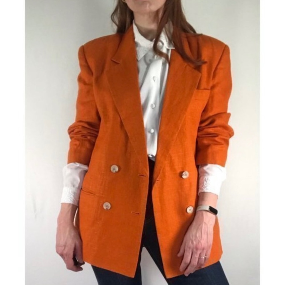 International Scene Woman’s Vintage Orange Linen Double Breasted Boxy Blazer 14